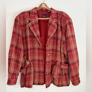 Liz Sport VINTAGE Plaid Red Women's Jacket with belt wool blend in size 14